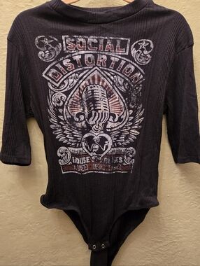 Social Distortion Band Graphic Bodysuit Y2K Grunge Ribbed Tee